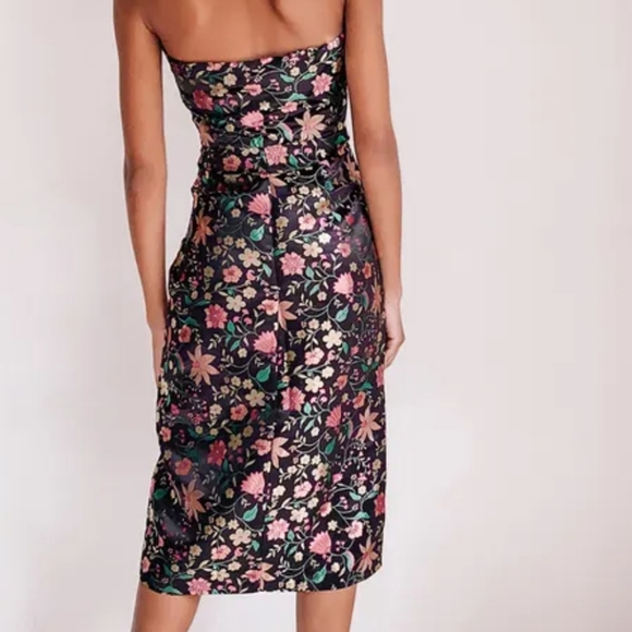 Lulus Make a Move Black Satin Floral Jacquard Strapless Midi Dress NWT Medium - Picture 2 of 8